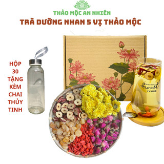 Trà dưỡng nhan 5 vị thảo mộc (Hộp 30 tặng kèm chai thủy tinh) Đẹp da, đẹp dáng, thanh lọc cơ thể, mát gan thải độc