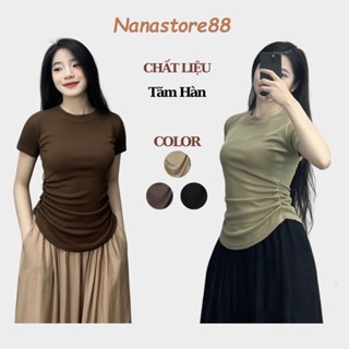 Áo Thun Nữ Ngắn Tay Chất Tăm Kiểu Dáng Nhún Eo Vạt Tròn, Áo Phông Nữ Ngắn Tay Cổ Tròn BigSize 271T