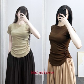 Áo Phông Nữ Ngắn Tay Cổ Tròn, Áo Thun Nữ Ngắn Tay Chất Tăm Kiểu Dáng Nhún Eo Vạt Tròn BigSize 271T