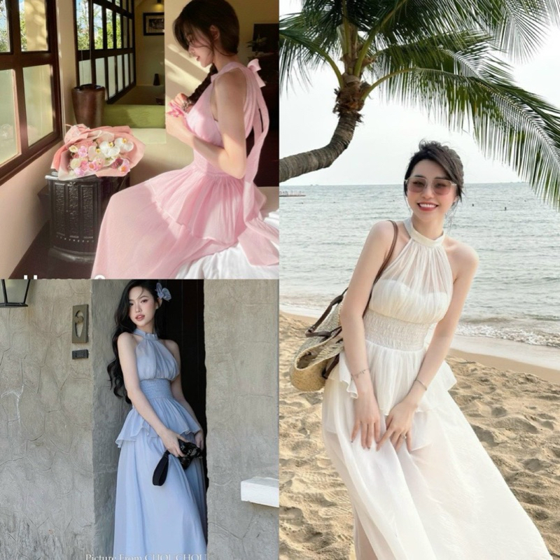 Set đồ đi biển áo cổ yếm chạy mocking eo kèm chân váy có lót có mút ngực chất xốp tơ cao cấp Ht182