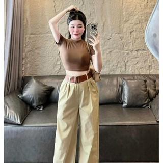 Sét đồ nữ áo tăm lạnh tay ngắn cổ tròn kèm quần kaki dáng suông dài trẻ trung nang động