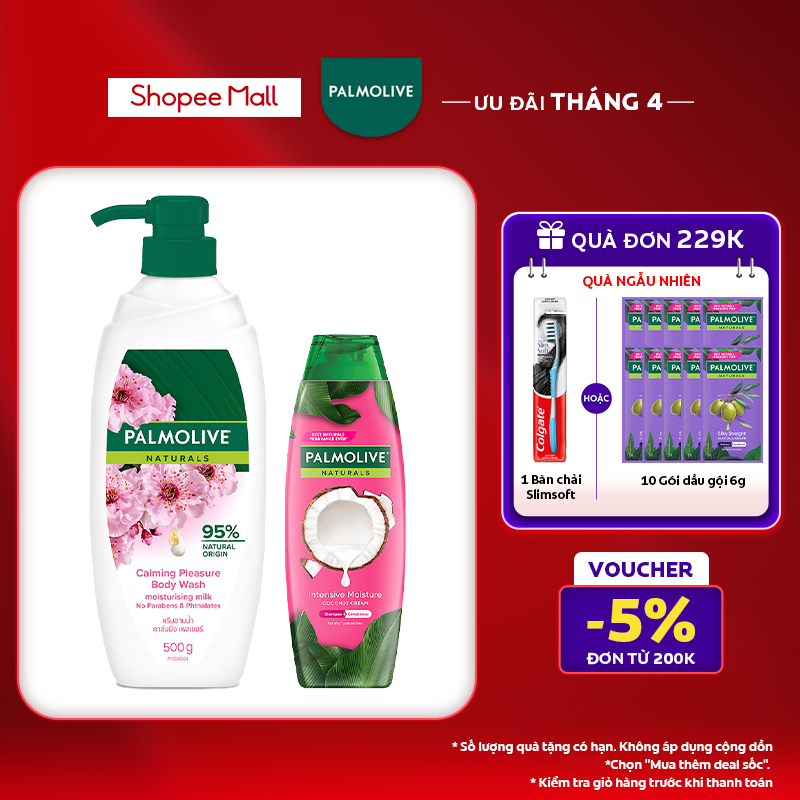 Sữa tắm Palmolive 100% chiết xuất từ hoa anh đào 500g và Dầu gội Palmolive có dầu xả sữa dừa 180ml