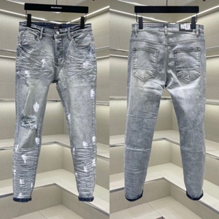 Quần jean bò nam Purple slimfit wash xanh bụi mài rách gối 1 bên dập nhăn 3D quẹt sơn boy phố QJ533P