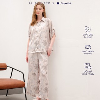 Bộ pyjamas nữ mặc nhà áo cộc quần dài chất liệu lụa màu kem in họa tiết venice lilas blanc
