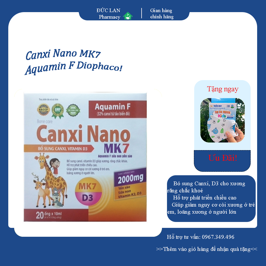 [Deal tốt] Canxi Nano MK7 Aquamin F hộp 20 ống x 10ml Diophaco bổ sung canxi cho bé vitamin D3 giúp xương răng chắc khỏe