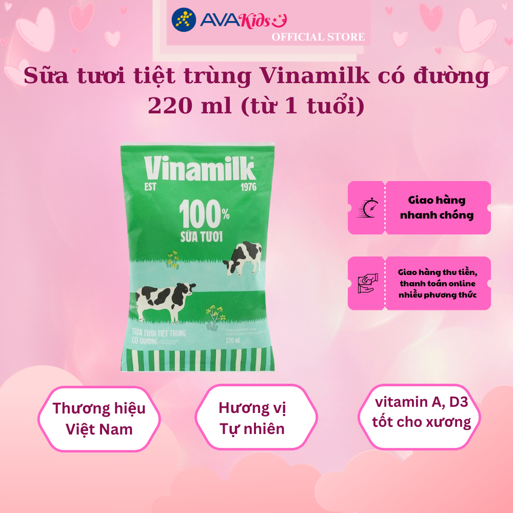 Sữa tươi tiệt trùng Vinamilk có đường 220 ml (từ 1 tuổi)