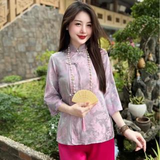 Bộ quần áo đi chùa cổ đứng chất liệu Lụa Gấm mát- Pháp Phục Ánh Mun