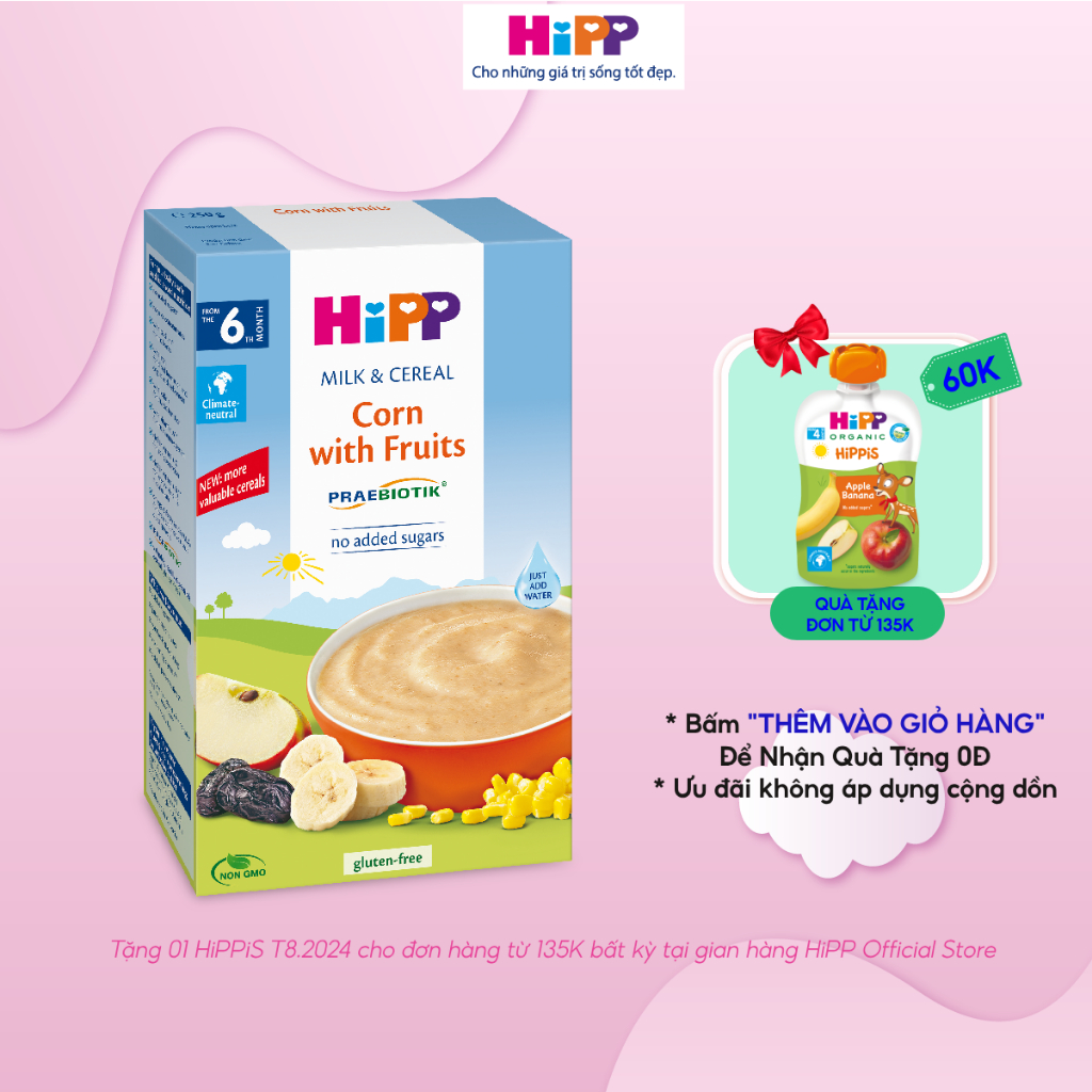 Bột ăn dặm dinh dưỡng Sữa, Hoa quả, Bắp HiPP Organic 250g