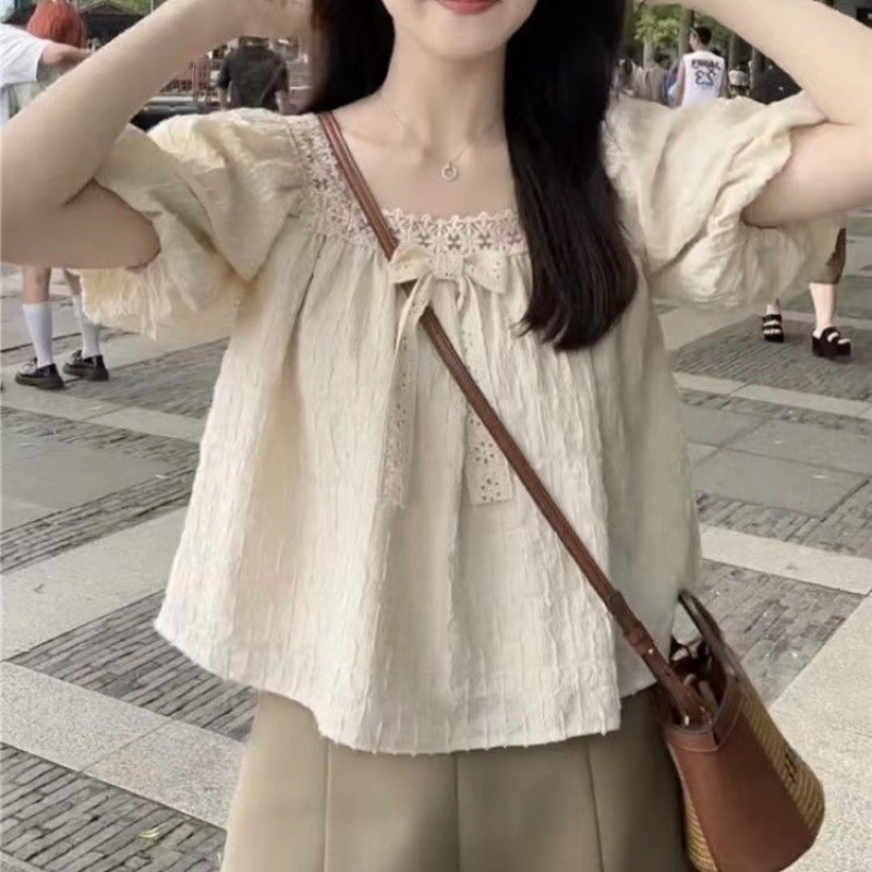 Áo kiểu cổ vuông phối ren lưới màu trơn thời trang babydoll thường ngày cho nữ NATIDE_STORE_FG048 | BigBuy360 - bigbuy360.vn