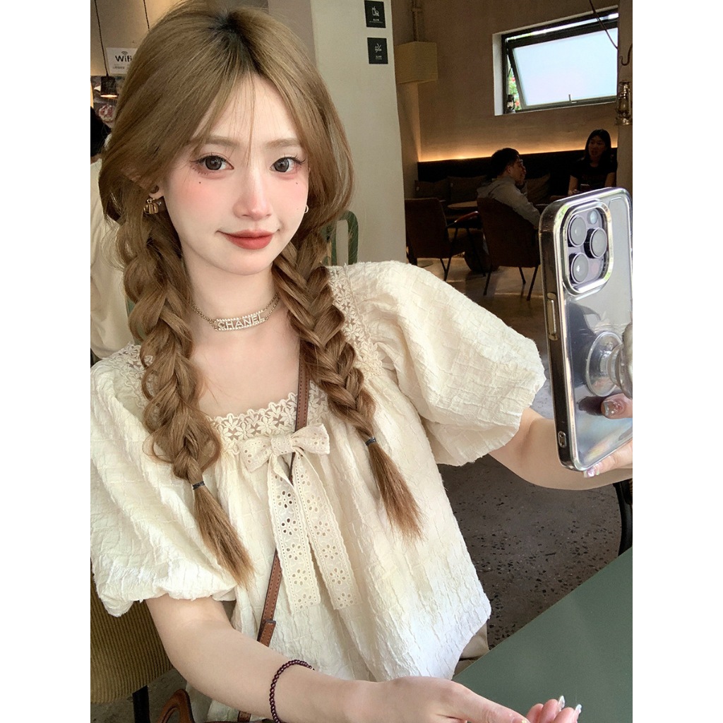 Áo kiểu cổ vuông phối ren lưới màu trơn thời trang babydoll thường ngày cho nữ NATIDE_STORE_FG048 | BigBuy360 - bigbuy360.vn