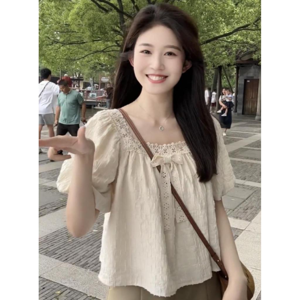 Áo kiểu cổ vuông phối ren lưới màu trơn thời trang babydoll thường ngày cho nữ NATIDE_STORE_FG048 | BigBuy360 - bigbuy360.vn