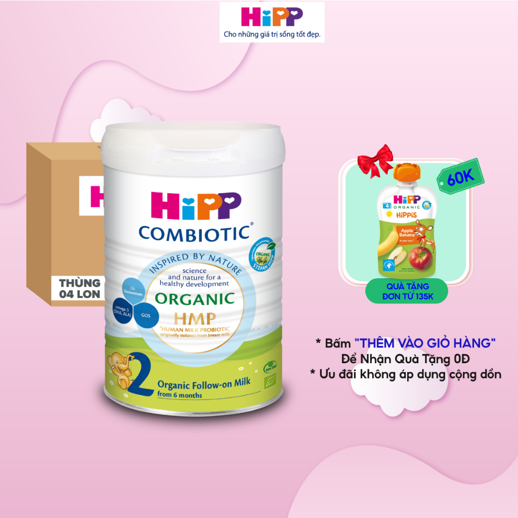 Thùng 4 lon Sữa bột công thức HiPP 2 Organic Combiotic 800g bổ sung DHA trực tiếp (4 lon x 800g)