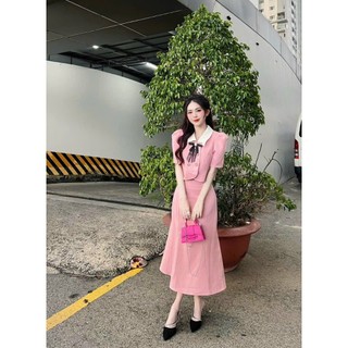Set váy lennin hồng nơ thời trang nữ dịu dàng sang trọng cổ sơ mi áo ngắn tay đính nơ và nút váy dài