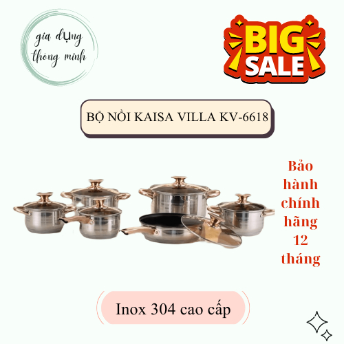 Bộ nồi inox 9 đáy 6 món 12 chi tiết Kaisa Villa KV-6618, dùng được cho mọi loại bếp