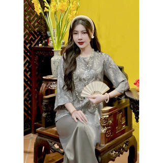Bộ pháp phục nữ đi lễ chùa, chất liệu gấm tằm cách tân cúc bọc tay xẻ cao cấp