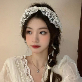 Khăn Voan Cài Tóc Ren Hoa Phối Ruy Băng Kiểu Dáng Tiểu Thư, Băng Đô Cài Tóc Nữ Lolita by.Lisa
