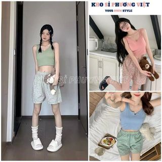 Bộ đồ ngủ ba lỗ mặc nhà nữ áo vải Cotton tăm tự nhiên có mút ngực mềm mại thoáng mát mặc mùa hè - KHOSI