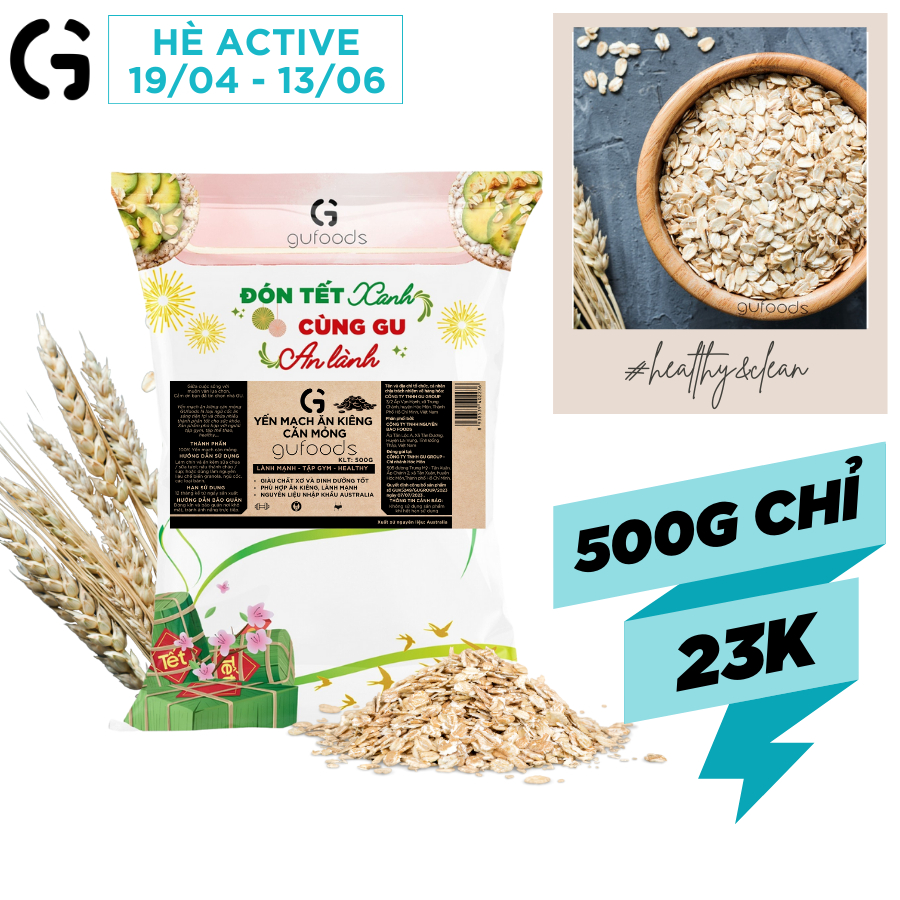 Yến mạch tươi cán mỏng (cán dẹt) GUfoods (gói 50/200g/500g)- Ăn kiêng, Giàu chất xơ, Hỗ trợ giảm cân, Tập gym, Eat clean