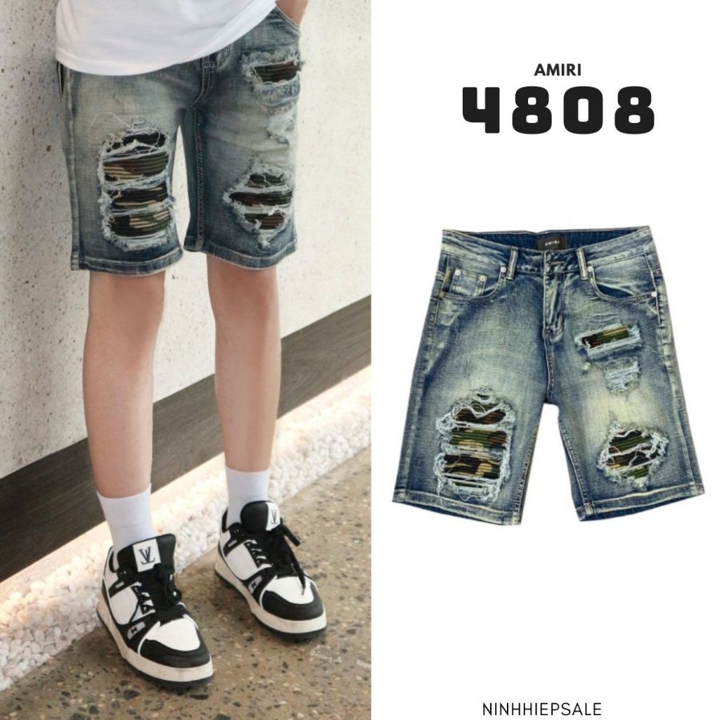 Quần short jeans nam Amiri xanh nhạt vá vải camo dày dặn hàng Quảng Châu, Quần sooc nam Amiri xanh cháy phố co dãn 4808