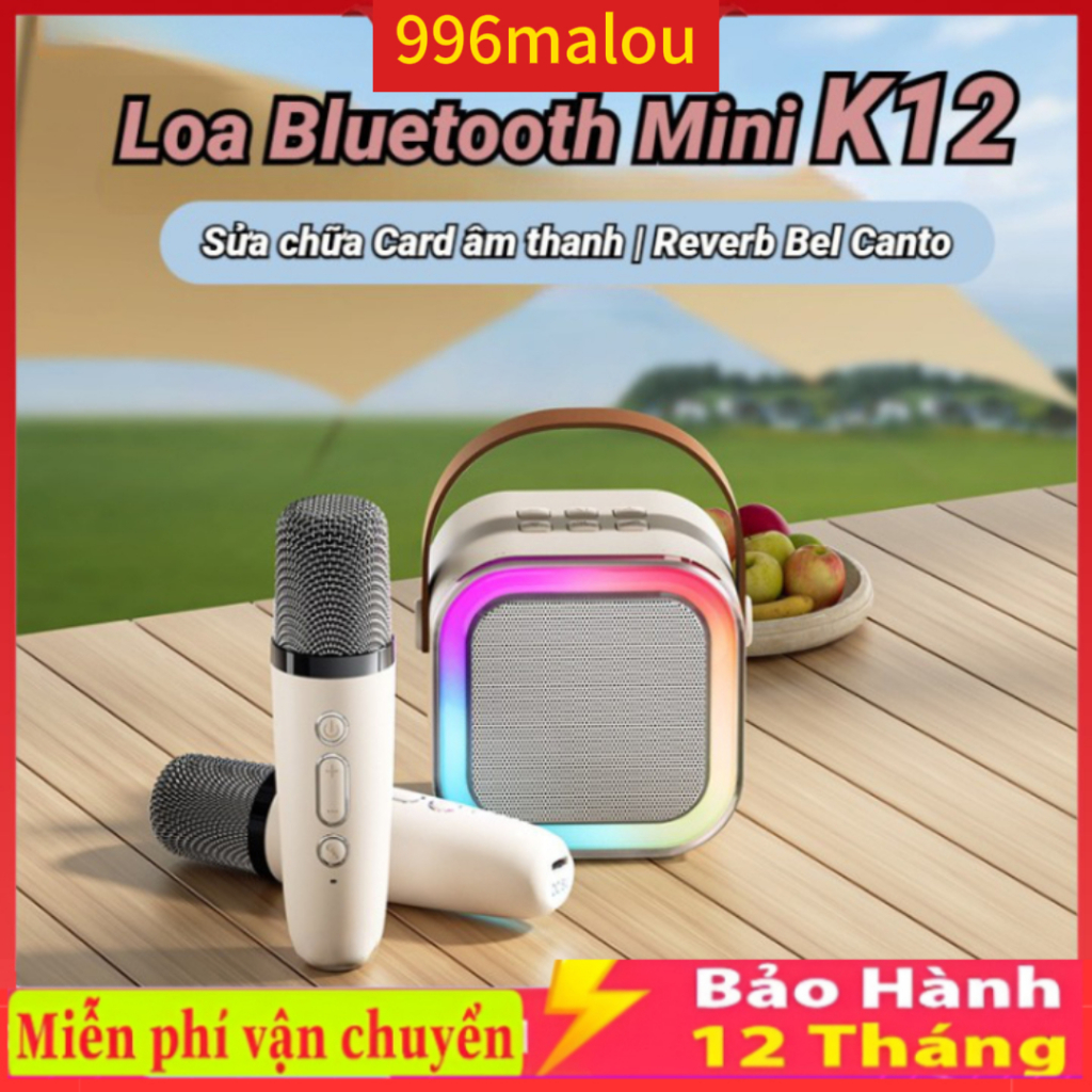 Bộ Loa Bluetooth + 2 Mic Không Dây Mini Hát Karaoke Tại Nhà K12, Có Thể Thay Đổi Giọng, Dễ Sử Dụng , BẢO HÀNH 12 THÁNG