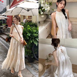 Đầm Tơ Cổ Yếm Dáng Dài Thêu Hoa Vintage (Hàng QC loại 1) Váy Voan Tơ Babydoll Xoè Dài Siêu Mát