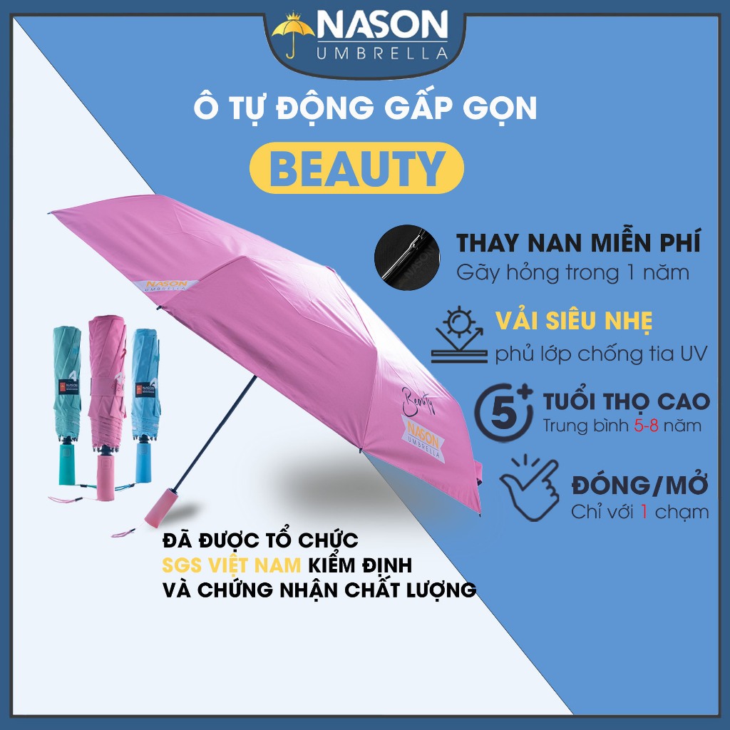 Ô dù che nắng tự động Nason Beauty Umbrella phiên bản 2024 nâng cấp vải siêu nhẹ, phủ lớp chống tia UV tuyệt đối