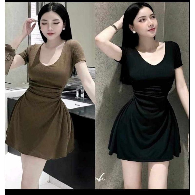 ĐẦM NHÚN EO CỔ TIM CO DÃN + QUẦN - BIGSIZE