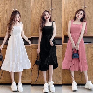 đầm maxi đũi cột nơ vai trắng tinh khôi bo thun lưng
