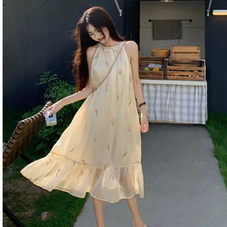 Đầm maxi nữ cổ yếm thêu hoa dáng dài chữ A, váy hoa maxi nữ cổ yếm đi biển du lịch Hàn Quốc 6181