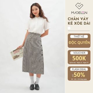 Chân váy kẻ xòe dáng dài nữ khuy lệch MADELEN