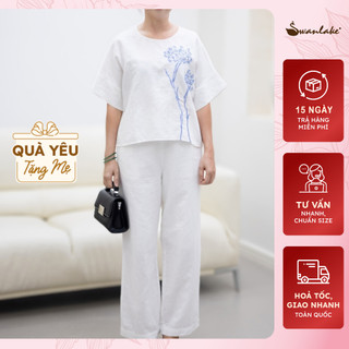 SWANLAKE | Đồ Bộ Nữ Trung Niên Quần Dài Vải Linen Thêu Hoa Tay Ngắn Cao Cấp Sang Trọng Quý Phái Tặng Mẹ Bà - B10187LW01