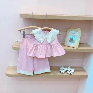 Quần áo bé gái phong cách Hàn, set áo thô hồng phối cổ ren quần phối ren (9-30 kg)