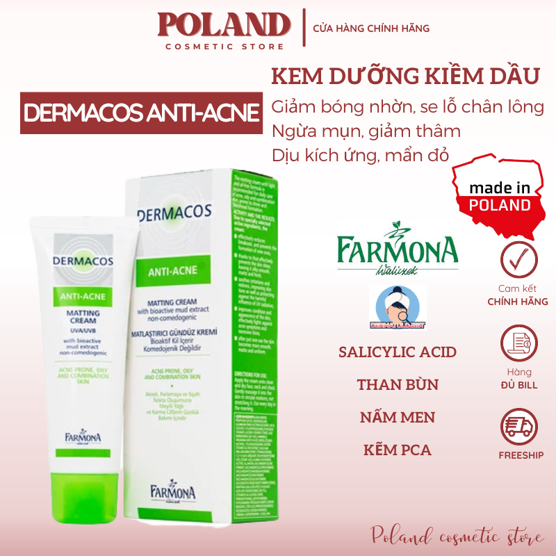 Kem dưỡng da kiềm dầu, giảm mụn, giảm thâm, ngừa khuẩn, ngừa viêm Farmona Dermacos Anti Acne 50ml