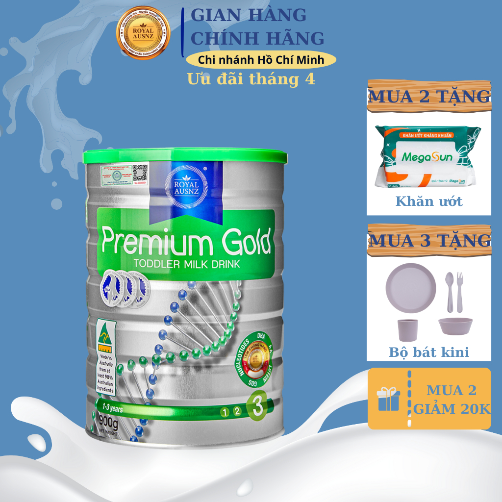 Sữa Bột Hoàng Gia Úc ROYAL AUSNZ Premium Gold Số 3 Bổ Sung Vitamin, Khoáng Chất Cho Trẻ Phát Triển 900g