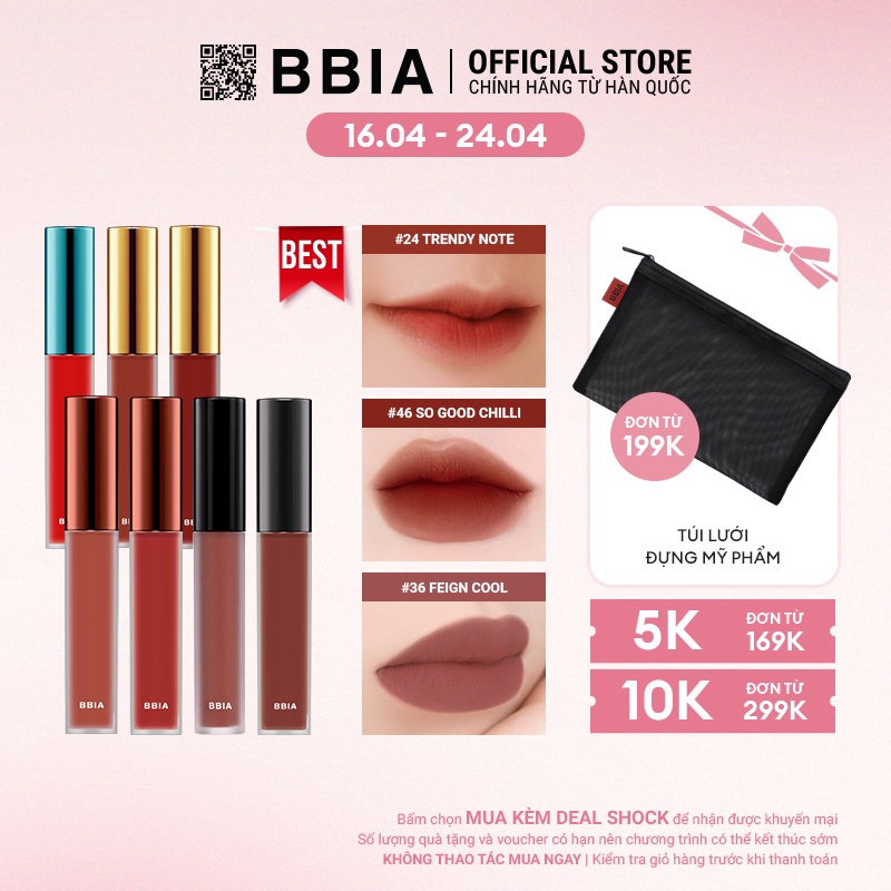 [Best Choice] - Son Kem Lì Bbia Last Velvet Lip Tint (02,12,14,23,24,36,46) 5g - Bbia Official Store