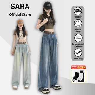 Quần Jean Nữ SARA VN Xếp Ly Lưng Cao Ống Rộng Màu Sáng Thu Đông 2023 Phong Cách Retro Mỹ - Mã: TD025