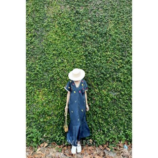 Đầm váy nữ dài maxi dáng suông đuôi cá Denim Thêu hoa nổi