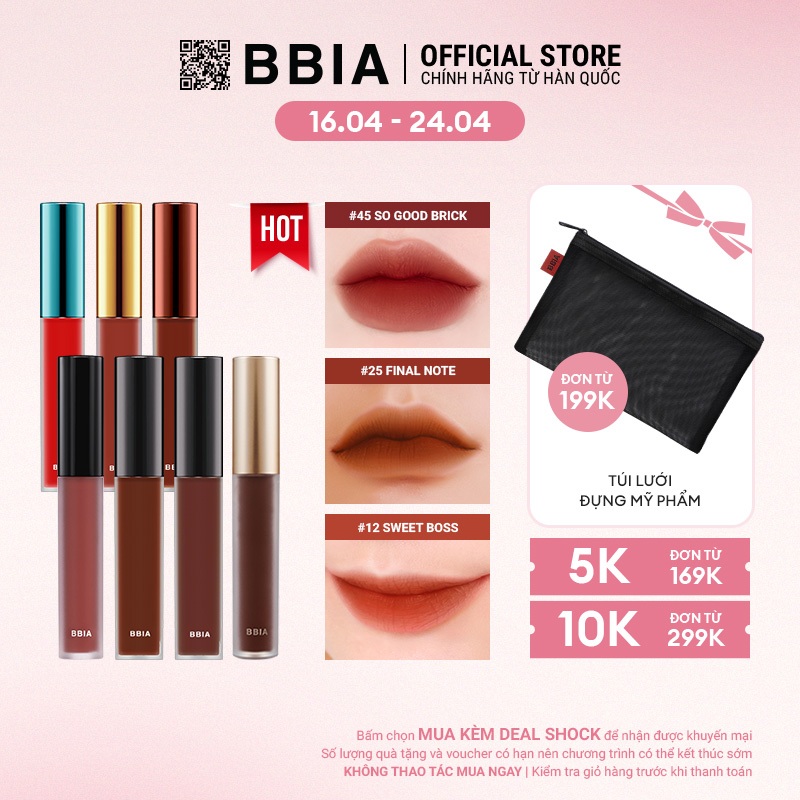 Son Kem Lì Bbia Last Velvet Lip Tint - Màu HOT Nàng Yêu (02, 12, 25, 38, A6, 45, 39) 5g - Bbia Official Store