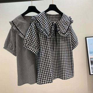 Áo caro đen cổ bèo, chất silk cotton mát, form basic dễ mặc, che khuyết điểm tốt