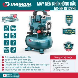 Máy nén khí không dầu NAKAWA NK-BH1812PRO công suất 1350W, dung tích bình 12L