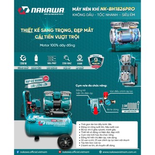 Máy nén khí không dầu NAKAWA NK-BH1826PRO công suất 1350W, dung tích bình 26L