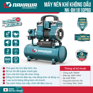 Máy nén khí không dầu NAKAWA NK-BH1810PRO công suất 850W, dung tích bình 10L