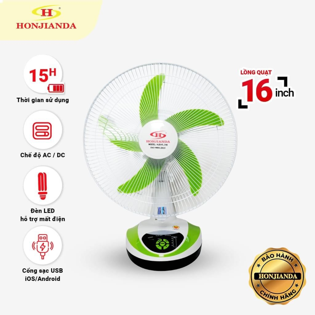 Quạt Tích Điện Honjianda HJD-FL316, Công Suất 24W, Sải Cánh 16Inch, 2 Bình Ắc Quy Khô, Hàng Chính Hã