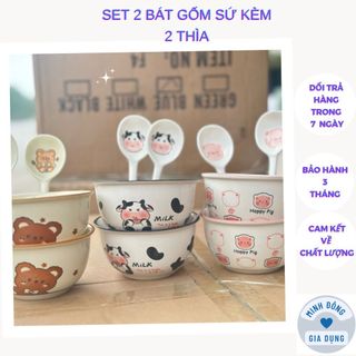 Set 2 Bát Ăn Cơm Bằng Sứ Hình Con Bò Sữa Cute - Chén Ăn Cơm Ngon Miệng Cho Bé Hoạt Hình Dễ Thương Kèm 2 Thìa