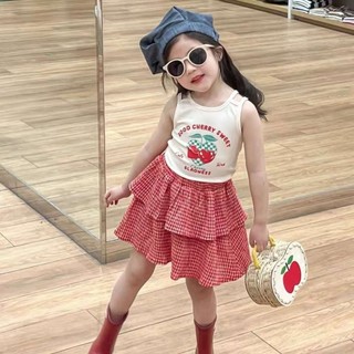 Set váy dâu cv kẻ đỏ nhỏ bé gái