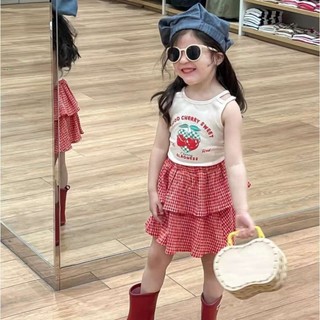 Set váy dâu cv kẻ đỏ nhỏ bé gái