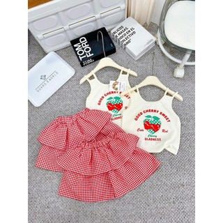 Set váy dâu cv kẻ đỏ nhỏ bé gái