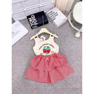 Set váy dâu cv kẻ đỏ nhỏ bé gái