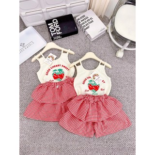 Set váy dâu cv kẻ đỏ nhỏ bé gái