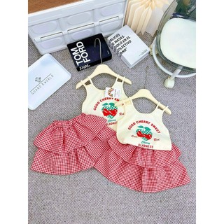 Set váy dâu cv kẻ đỏ nhỏ bé gái